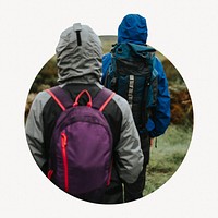 People trekking circle shape badge, travel photo