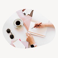 Influencer working blob shape badge, desk aesthetic photo