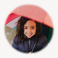 Little girl holding umbrella   soft edge circle  badge, rainy season photo