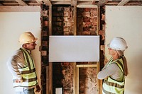 Empty floor plan and contractor coworkers at a construction site 