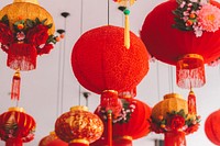 Free red Chinese lanterns hanging public domain CC0 photo.