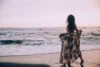 Free female in beachwear, salty hair, beach, ocean waves public domain CC0 photo.