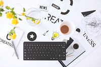 Black keyboard and stationery flat lay. Visit <a href="https://kaboompics.com/" target="_blank">Kaboompics</a> for more free images.
