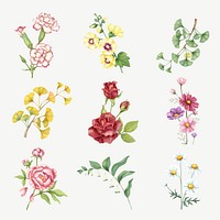 Aesthetic flower sticker, floral & botanical design vector set