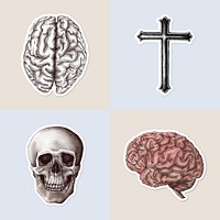 Hand drawn skull and cross sticker with a white border set