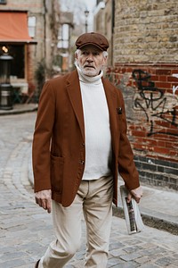 Gentleman walking on cobblestone street