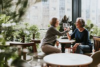 Senior lesbian couple celebrating with wine