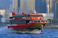 MV Horta. Boeing Jetfoil.Hong Kong.JetFoil: 24.44m length, 267 tonnes, 190/243 passengers monohull hydrofoil. Propelled by waterjets powered by twin Rolls Royce Allison 501KF gas turbines. Maximum speed at 45 knots. Built by Boeing.TurboJET provides services between Hong Kong, Hong Kong International Airport, Macau, Shenzhen and Guangzhou, all located around the Pearl River Delta in southern China. The route between Hong Kong and Macau is the busiest, operating 24 hours a day, taking approximately one hour to travel the 70 kilometres (43 mi) journey on TurboJET's high speed vessels. Original public domain image from Flickr