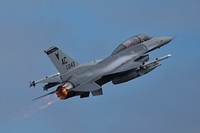 A New Jersey Air National Guard F-16D Fighting Falcon from the 177th Fighter Wing takes off for a mission during a three-day Aeropsace Control Alert CrossTell live-fly training exercise at Atlantic City Air National Guard Base, N.J., . Original public domain image from Flickr