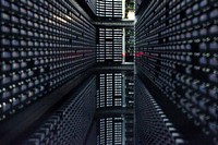 Interior of StorageTek tape library at NERSC. Free public domain CC0 photo. 