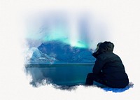 Man watching northern lights photo on white background