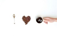 Free coffee beans, spoon, black coffee cup on white background public domain CC0 photo