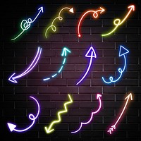 Neon arrows sign set on brick wall