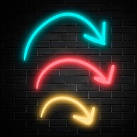 Neon three curved arrows sign on brick wall