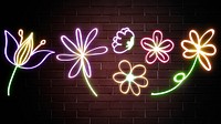 Glowing colorful neon flower hand drawn set