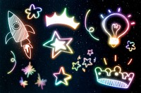 Psd colorful doodle glow neon icon element set