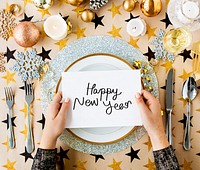 Happy New Year card and festive table settings