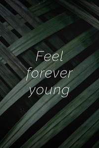 Feel forever young quote on a palm leaves background