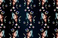 Neon star rocket doodle pattern background