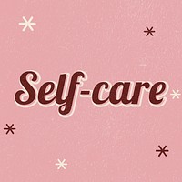 Self-care retro word typography on a pink background