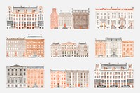 European old building vector hand drawn illustration set