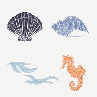Underwater animals and birds psd cute printmaking design elements collection