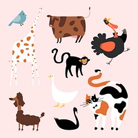 Flat animal illustration vector collection of 9 cute animals