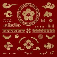 Chinese flowers gold vector stickers set