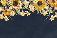 Floral navy blue background vector with watercolor sunflower 