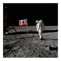 Moon landing vintage poster. Astronaut Edwin E. Aldrin Jr., beside the deployed United States flag during an Apollo 11 extravehicular activity on the lunar surface. Original from NASA. Digitally enhanced by rawpixel.