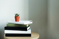 Stacked books with plant background