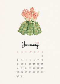 Cactus January 2022 calendar, monthly planner