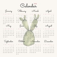 Botanical 2022 monthly calendar, cactus watercolor illustration