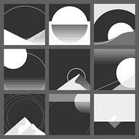 Monotone black and white geometric landscape background vector set