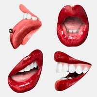 Red lips playful expression psd stickers set for Valentine's day