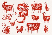 Red animal silhouettes psd Chinese new year zodiac symbol collection