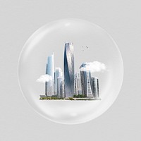 Cityscape in bubble sticker, smart city concept art