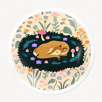 Sleeping deer sticker, round shape illustration
