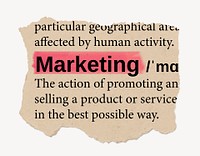 Marketing definition, ripped dictionary word, Ephemera torn paper