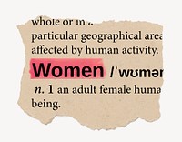 Woman definition, ripped dictionary word, Ephemera torn paper
