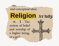 Religion definition, vintage ripped dictionary word