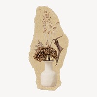 Dried flower vase ripped paper isolated collage element
