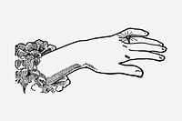 Hand showing engagement ring drawing, vintage wedding illustration. Free public domain CC0 image.