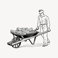 Man with wheelbarrow drawing, vintage illustration vector. Free public domain CC0 image.