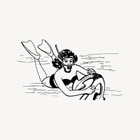 Woman diving underwater drawing, vintage illustration vector. Free public domain CC0 image.