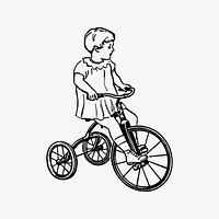 Girl riding bicycle drawing, vintage transportation illustration vector. Free public domain CC0 image.