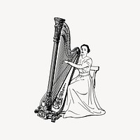 Woman playing harp drawing, vintage illustration vector. Free public domain CC0 image.