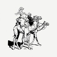 Camel riders clipart, vintage animal illustration psd. Free public domain CC0 image.