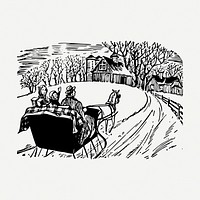 Winter sleigh ride drawing, vintage illustration psd. Free public domain CC0 image.