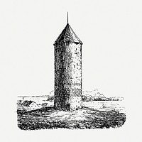 Fort tower drawing, vintage illustration psd. Free public domain CC0 image.